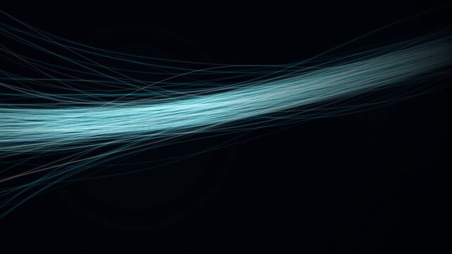 A single continuous artwork filling the entire canvas with a deep blue-black background. A broad cyan wave sweeps from the right side toward the center, composed of hundreds of fine luminous lines wit