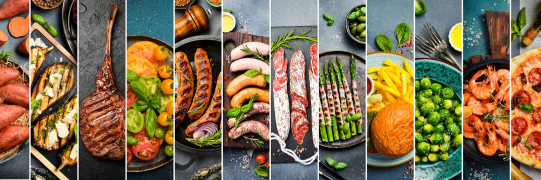 This food collage showcases meat, sausages, seafood, and vegetables. It features shrimp, tomatoes, and green asparagus. The dish set rests on a dark background.