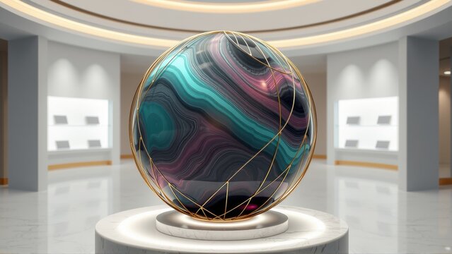 Striking sphere dominates gallery space. Swirling colors, gold lines create captivating visual focus. Minimalist setting enhances objects presence.