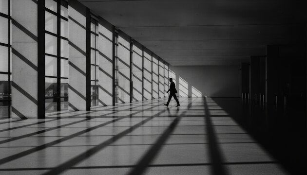 Silhouette of a businessman walking alone in a modern architectural building with dramatic light and shadow play, monochrome black and white photography