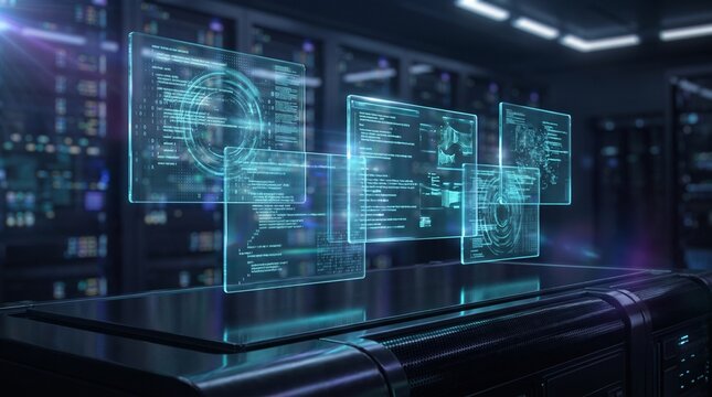 Immersive futuristic data center visualization exploring the convergence of cyber security quantum computing and advanced cloud network technologies for data analytics