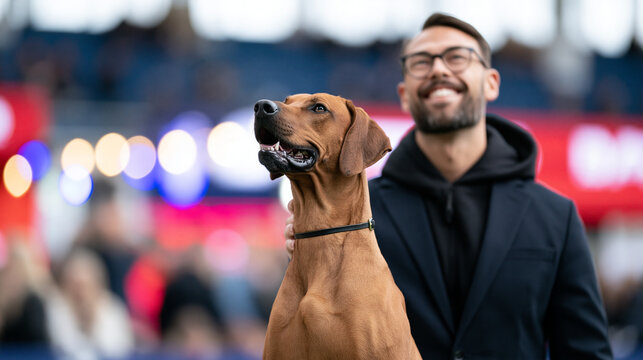 Side profile of a pedigree Rhodesian ridgeback gaiting beside its proud young male owner, both in sync, owner's happy focused expression, blurred vibrant arena with crowds and brig