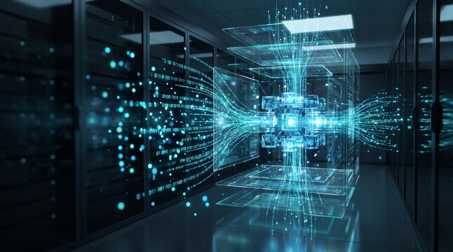 Immersive futuristic data visualization exploring the intersection of cybersecurity quantum computing and advanced cloud network technologies for the future
