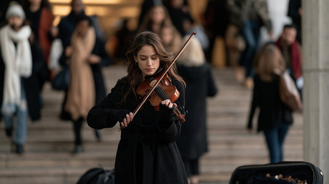 A violinist busking in a subway station entrance wearing fingerless gloves, open instrument case collecting coins, commuters rushing past in scarves and heavy coats, warm