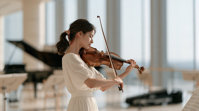 A violinist pausing mid rehearsal to scratch behind her ear where the chin rest strap left a chafed red mark, concert hall practice room with music stands and instrument cases