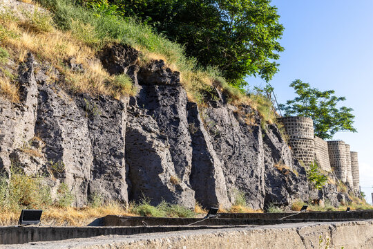 cliff and walls of Erivan fortress in Yerevan city