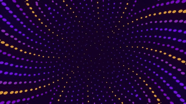 Premium 3D motion graphics loop featuring rotating purple and amber gold dots in a radial vortex pattern. Vibrant abstract background for crypto art, promo videos, and creative design