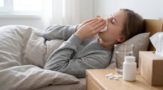 Sick woman resting in bed with flu symptoms, sneezing into tissue, portraying cold, illness, recovery, and healthcare
