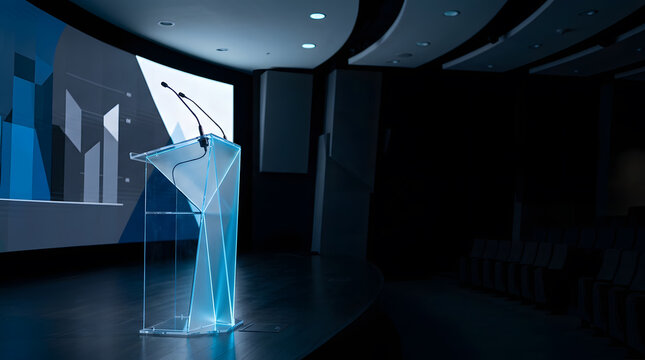 Modern geometric acrylic podium on a darkened stage for business conferences and corporate presentations with abstract digital background screen