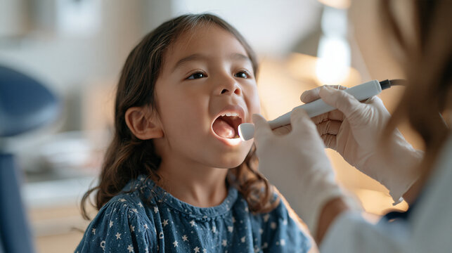 Close up of a young child's throat being gently examined by gloved hands using a small light, swollen tonsil symptom, strep throat check, pediatric ENT appointment, inflamed lymph