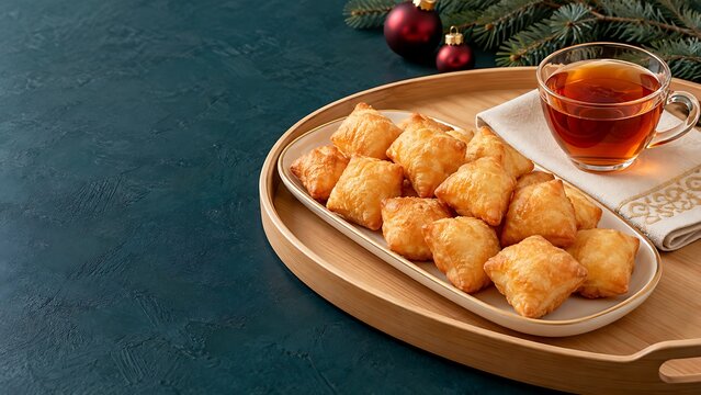 Golden boorsok and tea with evergreen branches and ornaments for a cozy New Year celebration.