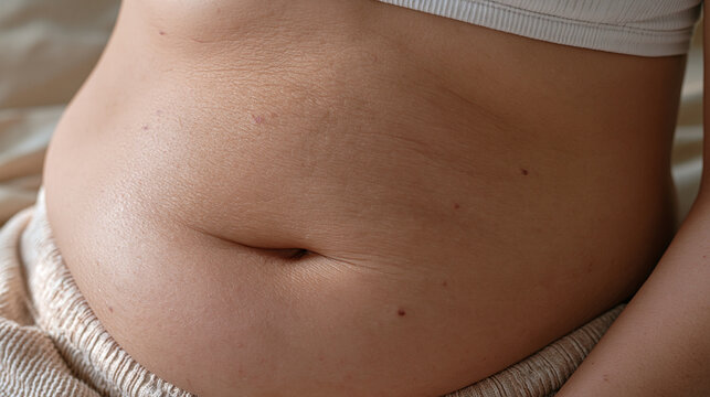 Overhead close up of a woman's abdomen showing skin stretched tight and visibly distended, bloating symptom, abdominal distension, irritable bowel syndrome, digestive disorder,