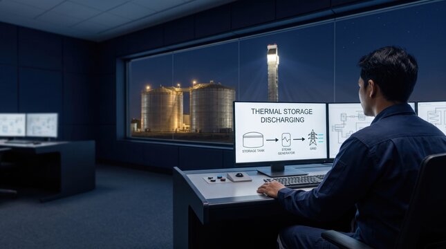 Operator monitoring thermal storage discharging at concentrated solar power plant control room at night