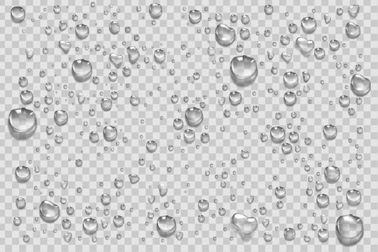 Heavy water droplets texture on transparent glass background, realistic wet condensation, fresh rain drops vector