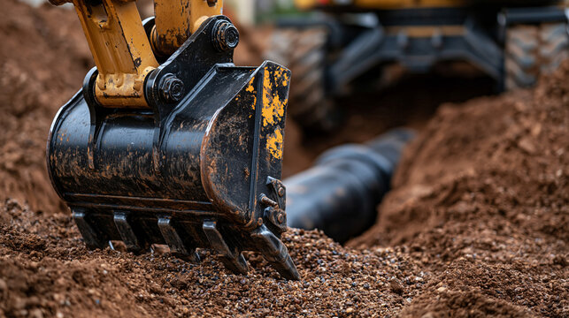 Macro-level detail of an excavator's steel bucket teeth resting near a freshly laid pipe joint in the trench, red clay and gravel texture, metallic highlights, yellow paint chipped