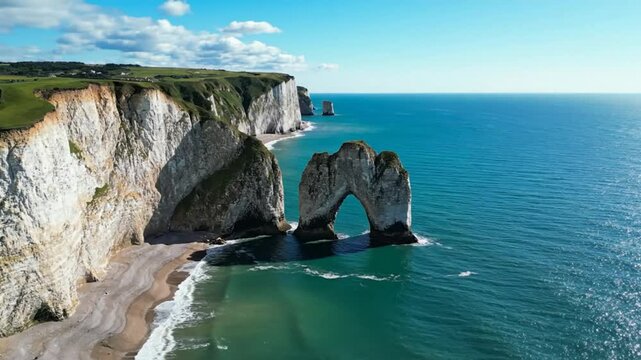 Scenic aerial view of the iconic &Atilde;&permil;tretat cliffs and natural arch formations along the Normandy coast