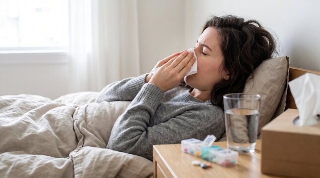 Sick woman resting in bed with flu symptoms, sneezing into tissue, portraying cold, illness, recovery, and healthcare