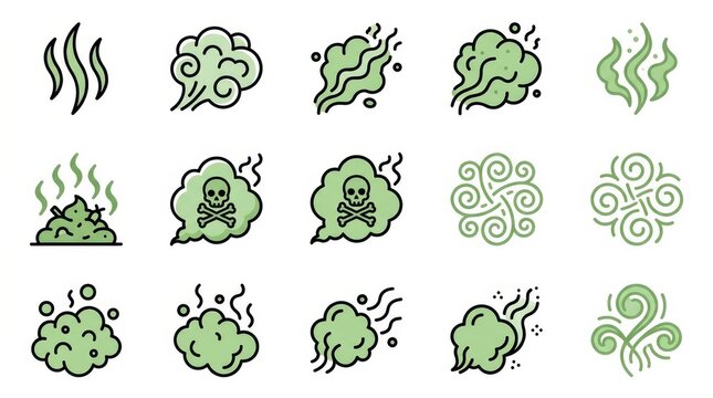Set of Bad Smell and Toxic Gas Line Icons - Stink, Odor, Pollution, and Aroma Symbols for Web and Graphic Design