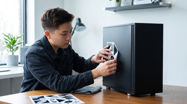 Young Asian man applying a vinyl decal to a black computer case. Customizing PC tower at desk. DIY tech personalization and modding concept