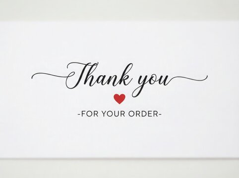 Thank you for your order card with a red heart icon, elegant calligraphy script typography, isolated on white background