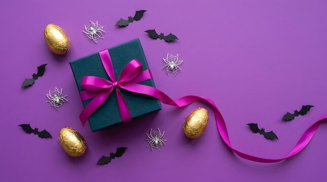 Gift box with golden eggs and bat silhouettes on purple background