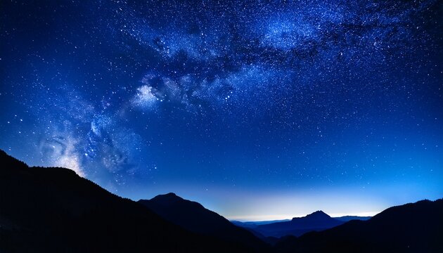 a serene night sky filled with stars over a silhouette of mountains the main colors are deep blue and black