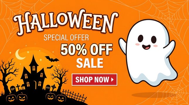Halloween sale banner features spooky silhouettes and a friendly ghost silhouette