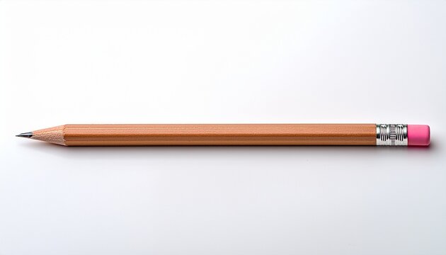 a single wooden graphite pencil with a pink eraser lying flat on an isolated white background symbolizing simplicity and basic utility
