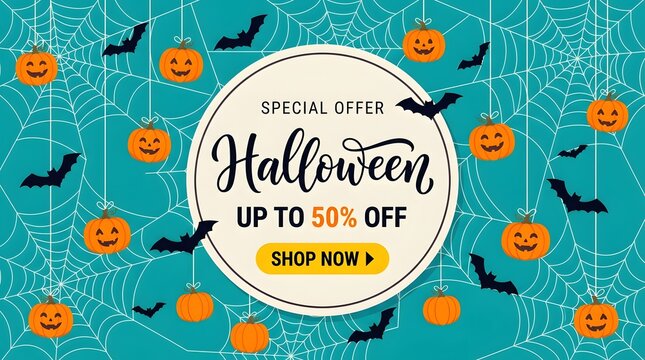 Halloween sale advertisement with pumpkins bats and spiderweb design silhouette
