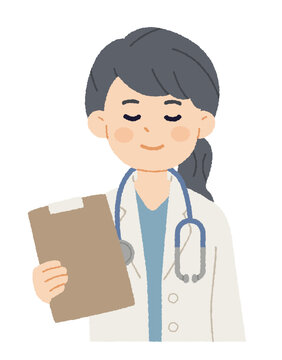 Female doctor with stethoscope holding medical clipboard. Vector illustration