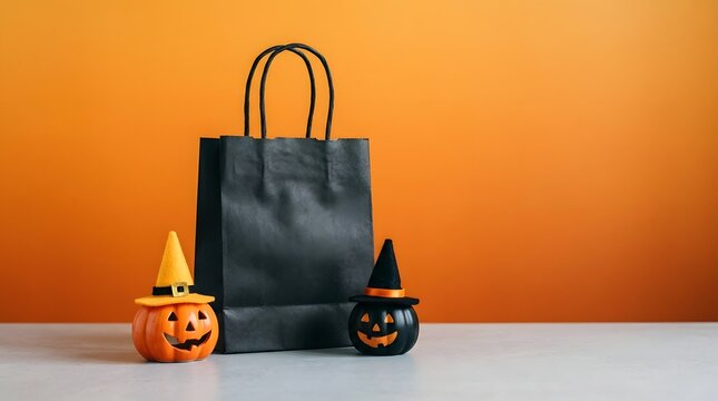 Black paper bag with halloween pumpkins and witch hats silhouette