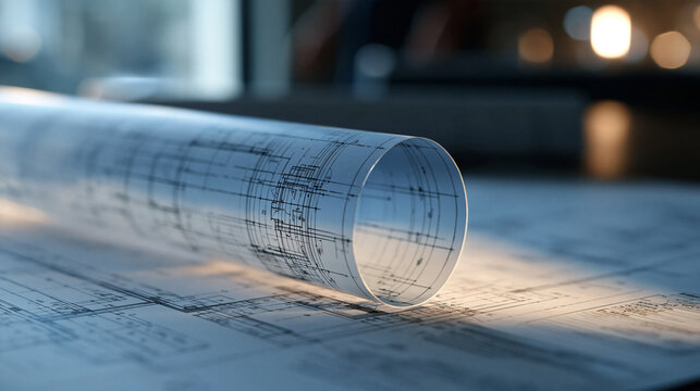 Backlit shot of translucent architectural specification drawings freshly printed on a large format inkjet plotter, technical line work glowing, construction document printing,