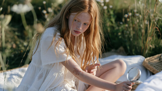 Redhead girl with freckles sitting cross legged on a picnic blanket in a meadow, examining a cluster of itchy insect bites on her forearm with wide curious eyes, magnifying glass