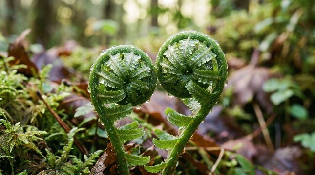Close-up of two green fern fiddleheads covered in water drops. Young coiled fronds growing on the forest floor among moss and fallen leaves. Spring nature and new growth concept