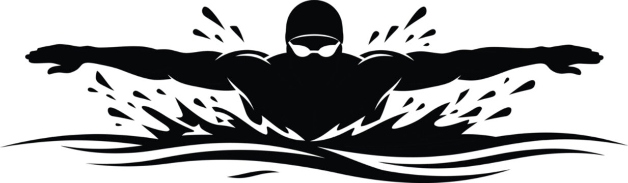 Male swimmer silhouette doing butterfly stroke in water with splashing waves vector graphic design