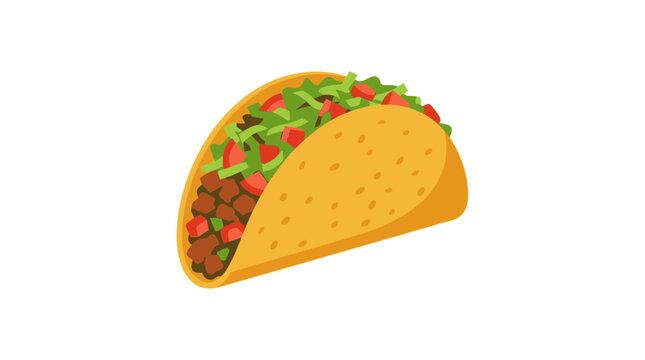A delicious, crunchy hard-shell taco filled with seasoned ground beef, fresh shredded lettuce, and diced red tomatoes on a plain white background.