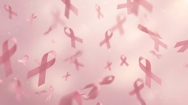 Pink breast cancer awareness ribbons floating on soft pink background