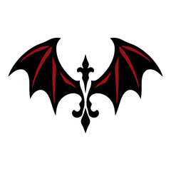 Spread bat wings joined by an ornate fleur de lis crest, black and red gothic vector icon for vampire emblem, occult heraldry, tattoo and sticker designs. © Marcelino
