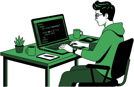 Software Developer Coding on Laptop at Desk, Web Programmer Working on Application in Home Office Vector Illustration