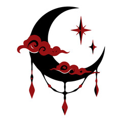 Gothic crescent moon with red clouds, a star and chain gem drops, black and red vector icon for celestial charm, lunar witch amulet and print designs. © Marcelino