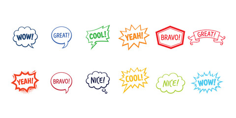 Set of colorful hand drawn comic speech bubbles with various expressions and text elements © Asimon