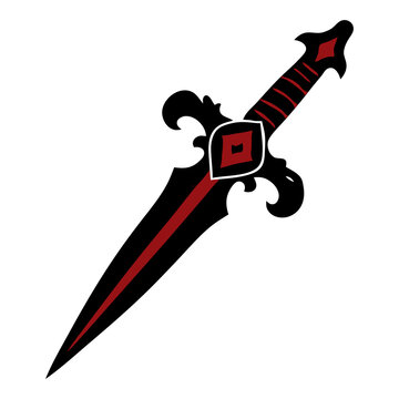 Ornate gothic dagger tilted with a red blade stripe and jeweled guard, black and red vector icon for ritual athame, medieval weapon and tattoo designs.