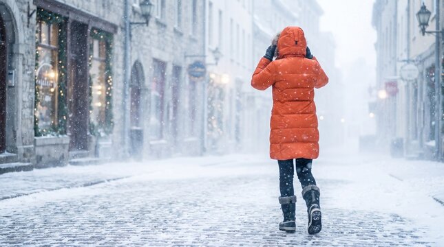 Person in bright orange winter coat walking down snowy cobblestone street. Back view of woman in puffer jacket during heavy blizzard in old town