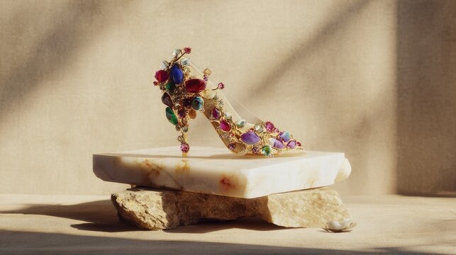 Jeweled high heel on marble slab, luxury fashion and elegance concept