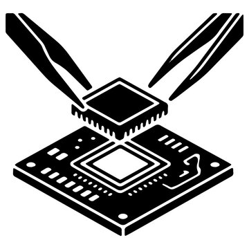 Electronic circuit board microchip processor placement and SMT component assembly vector icon on isolated white background   4