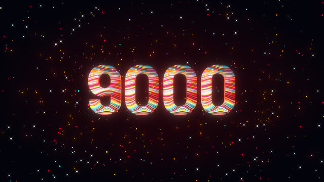 Vibrant 3D number 9000 illuminated by red, yellow, and multicolor flowing lines, glowing particles, and cosmic sparkles for a futuristic digital achievement concept.