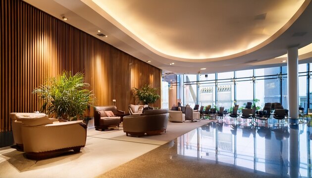 blurred luxury hotel lobby reception interior modern office lounge area furniture architecture lighting background corporate hospitality waiting room