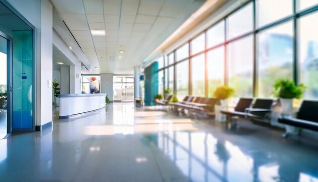 blurred modern hospital or clinic lobby with reception desk and waiting area a clean and bright healthcare background for medical concepts