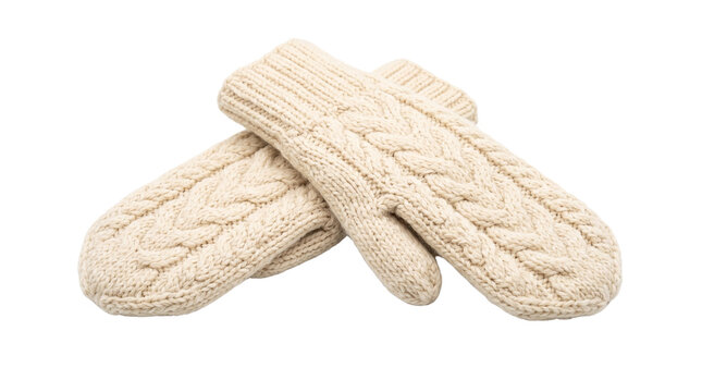 Cozy knitted mittens in cream white wool, warm winter accessories, handcrafted cable knit gloves isolated PNG with Transparent Background