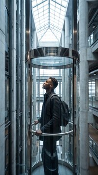 Black man riding in a modern glass elevator looking up. Vertical photo of professional commuter in corporate building atrium. Career advancement concept